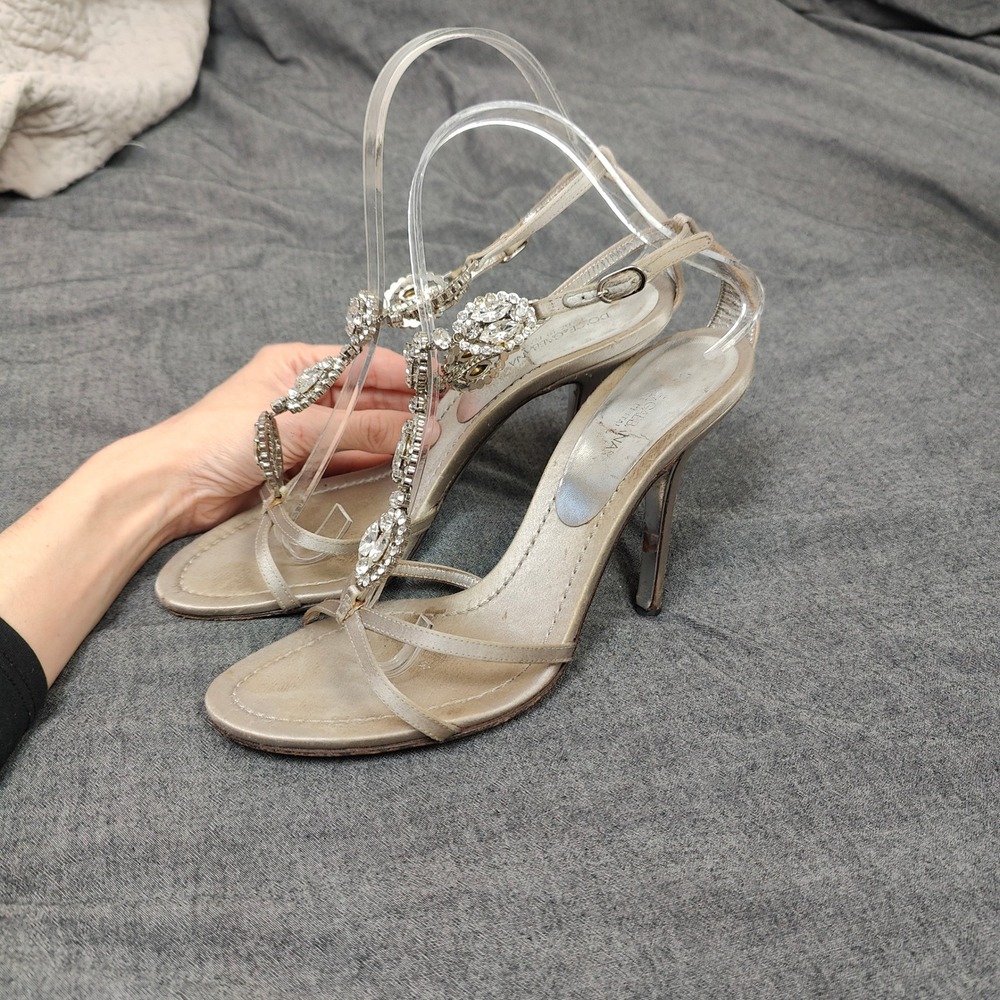 Dolce & Gabbana Sandals Womens 38 Champagne Satin Crystal T-Strap Heels Glam - Picture 4 of 9
